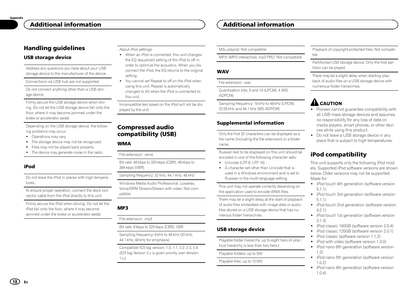 Handling guidelines, Compressed audio compatibility (usb), Ipod compatibility | Additional information | Pioneer MVH-350BT User Manual | Page 18 / 156