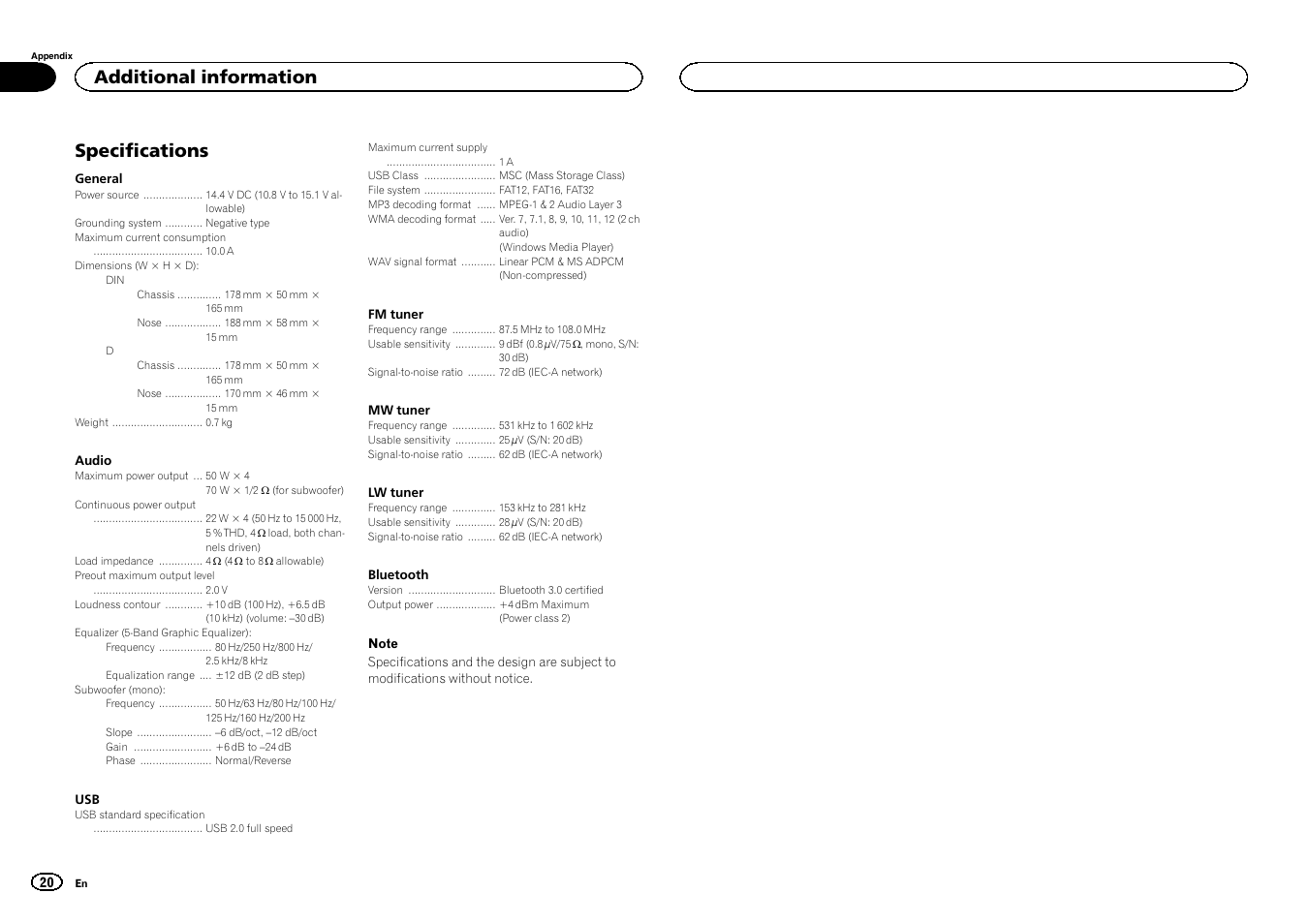 Specifications, Additional information | Pioneer MVH-350BT User Manual | Page 20 / 156