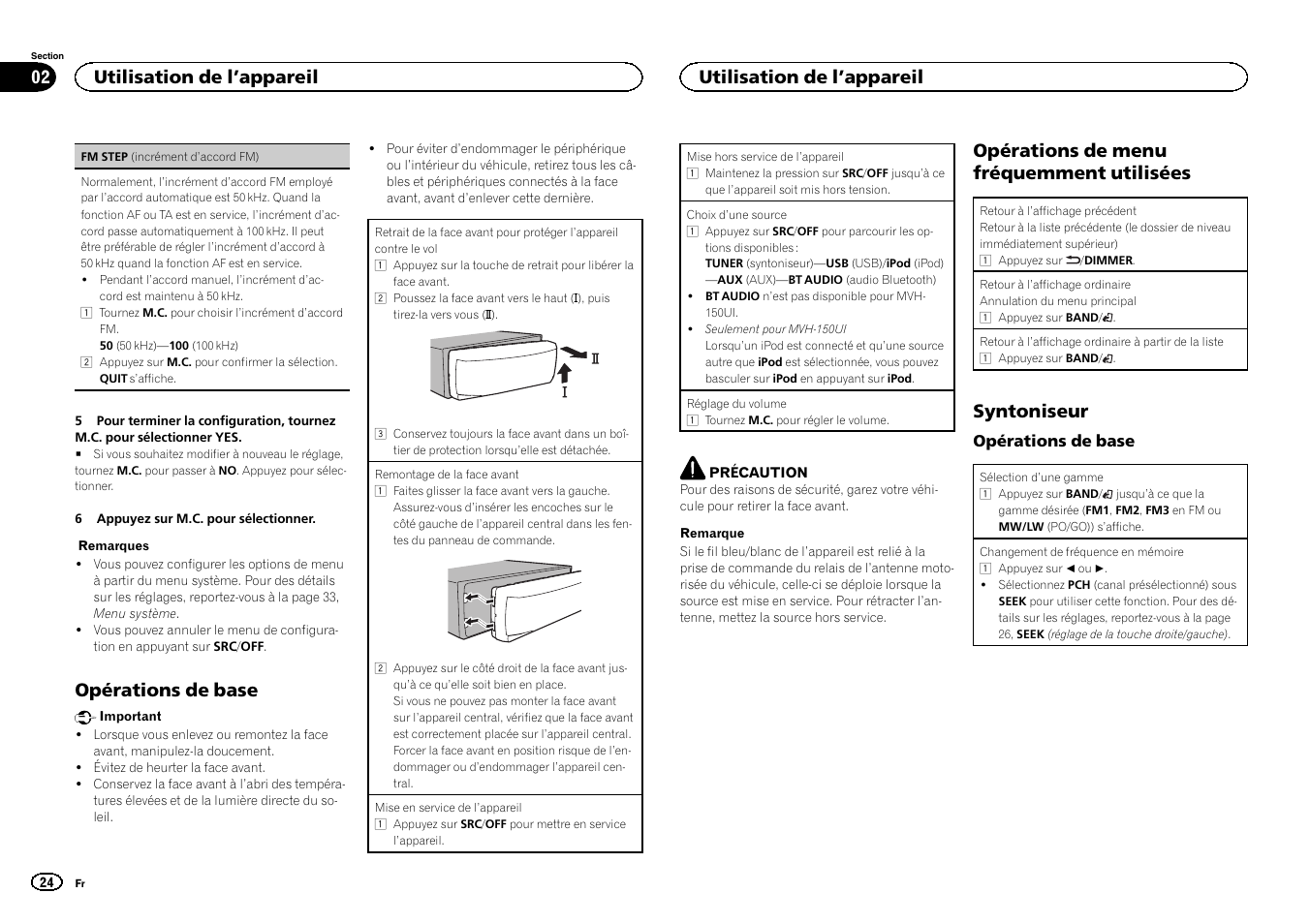 Opérations de base, Opérations de menu fréquemment utilisées, Syntoniseur | Utilisation de l ’appareil | Pioneer MVH-350BT User Manual | Page 24 / 156