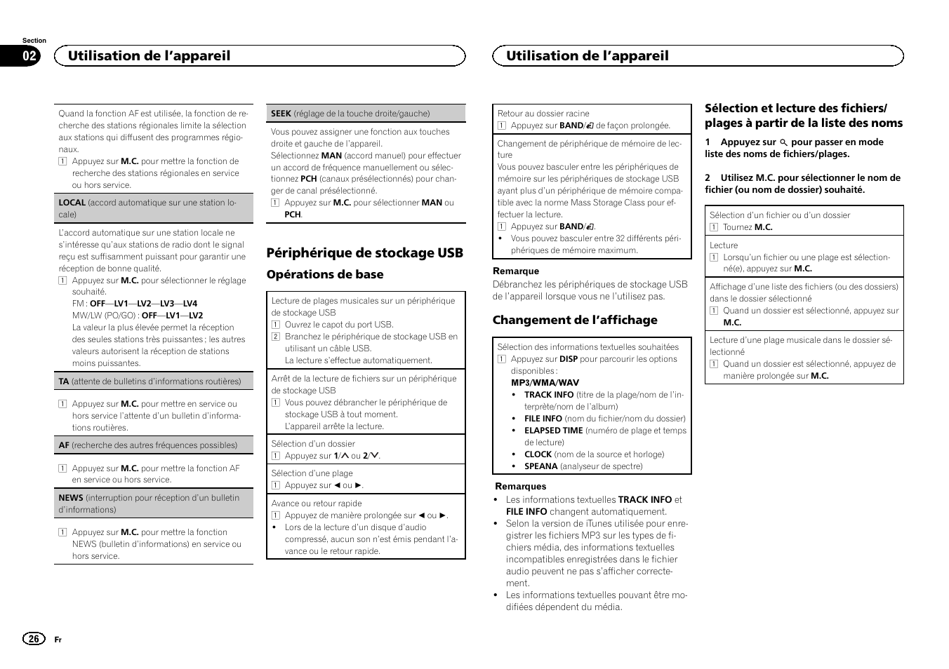 Seek (réglage de la touche droite/gau, Che), Af (re | Cherche des autres fréquences possibles), Périphérique de stockage usb, Utilisation de l ’appareil | Pioneer MVH-350BT User Manual | Page 26 / 156