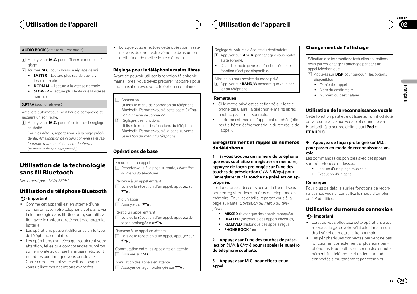 Utilisation de la technologie sans fil bluetooth, Utilisation de l ’appareil | Pioneer MVH-350BT User Manual | Page 29 / 156