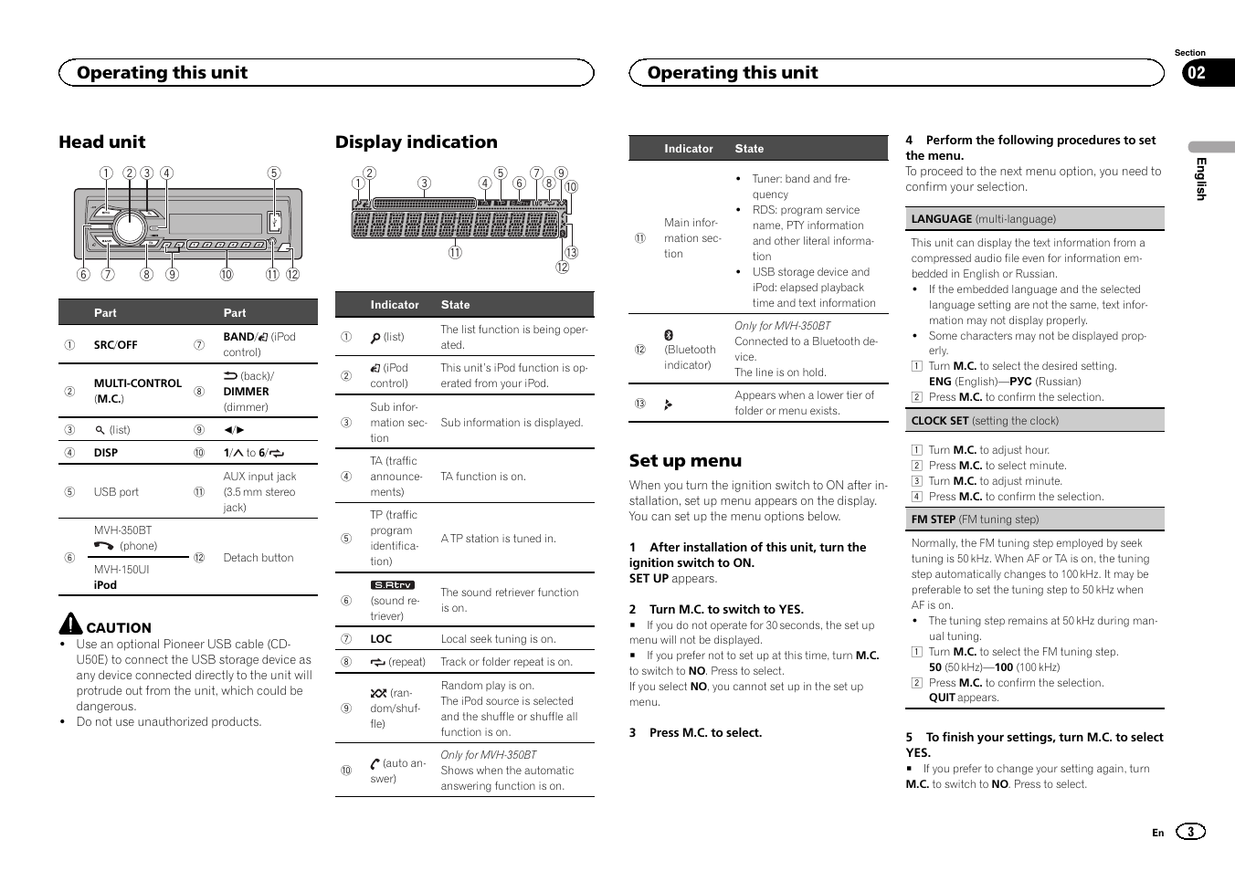 Head unit, Display indication, Set up menu | Operating this unit | Pioneer MVH-350BT User Manual | Page 3 / 156