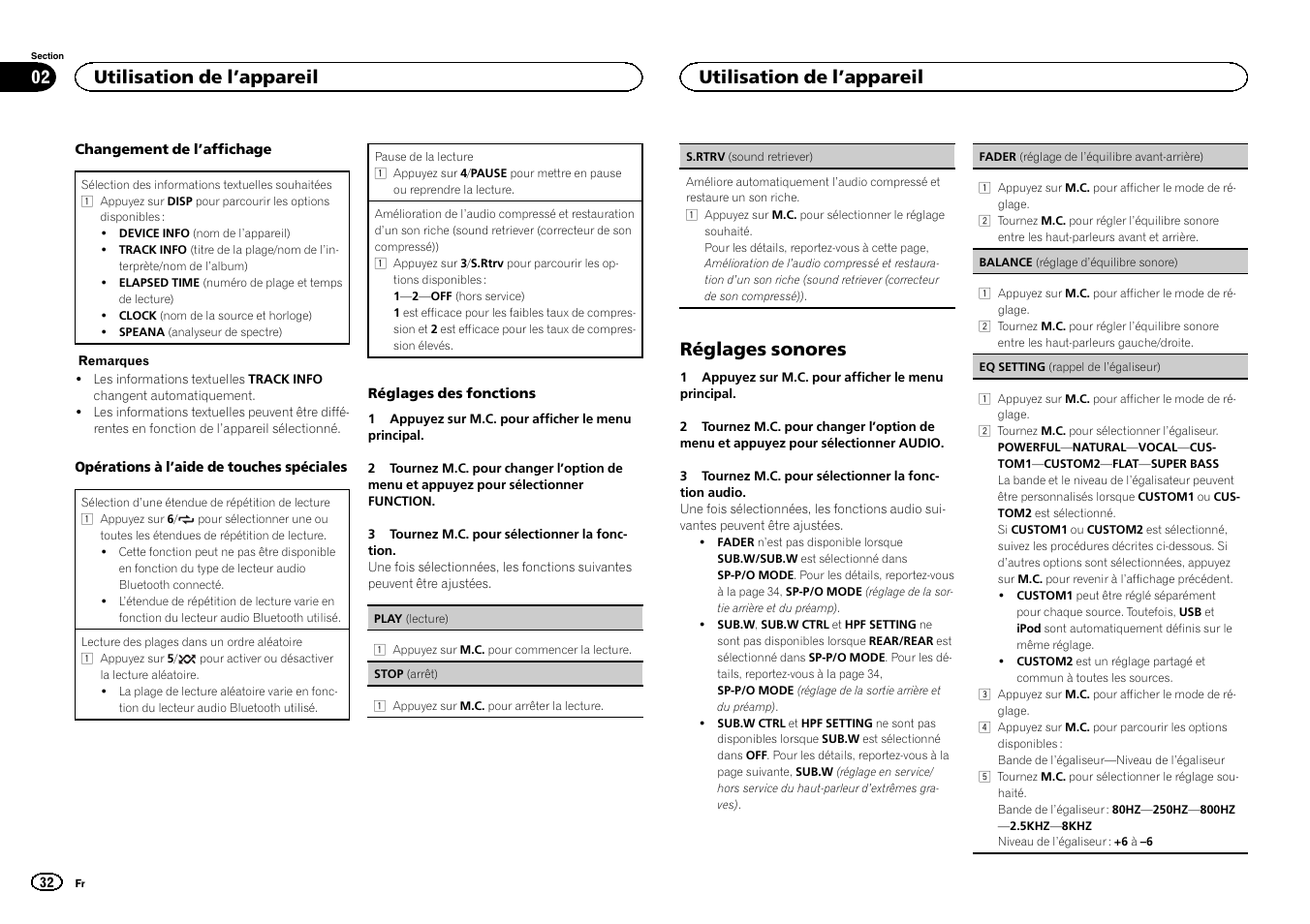 Réglages sonores, Utilisation de l ’appareil | Pioneer MVH-350BT User Manual | Page 32 / 156