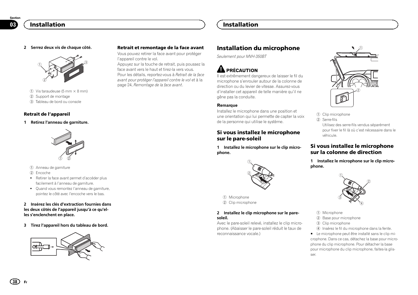 Installation du microphone, Installation | Pioneer MVH-350BT User Manual | Page 38 / 156