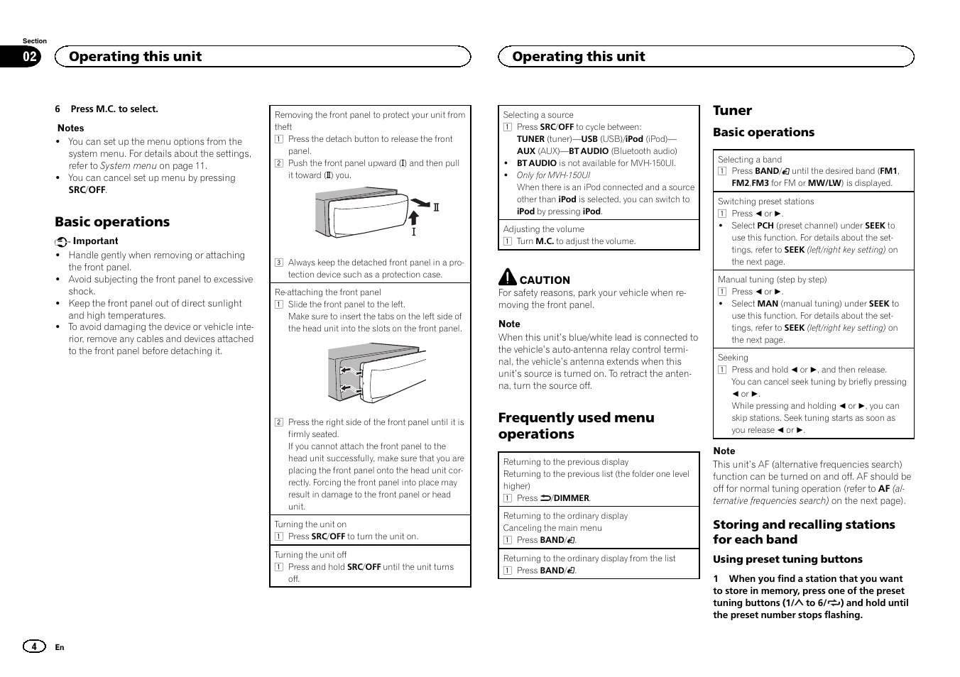 Basic operations, Frequently used menu operations, Tuner | Operating this unit | Pioneer MVH-350BT User Manual | Page 4 / 156