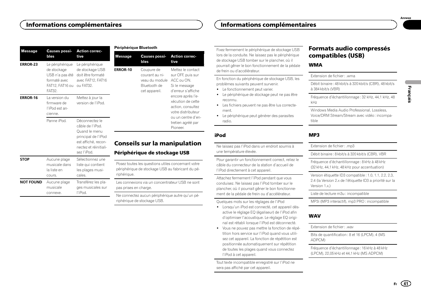 Conseils sur la manipulation, Formats audio compressés compatibles (usb), Informations complémentaires | Pioneer MVH-350BT User Manual | Page 41 / 156