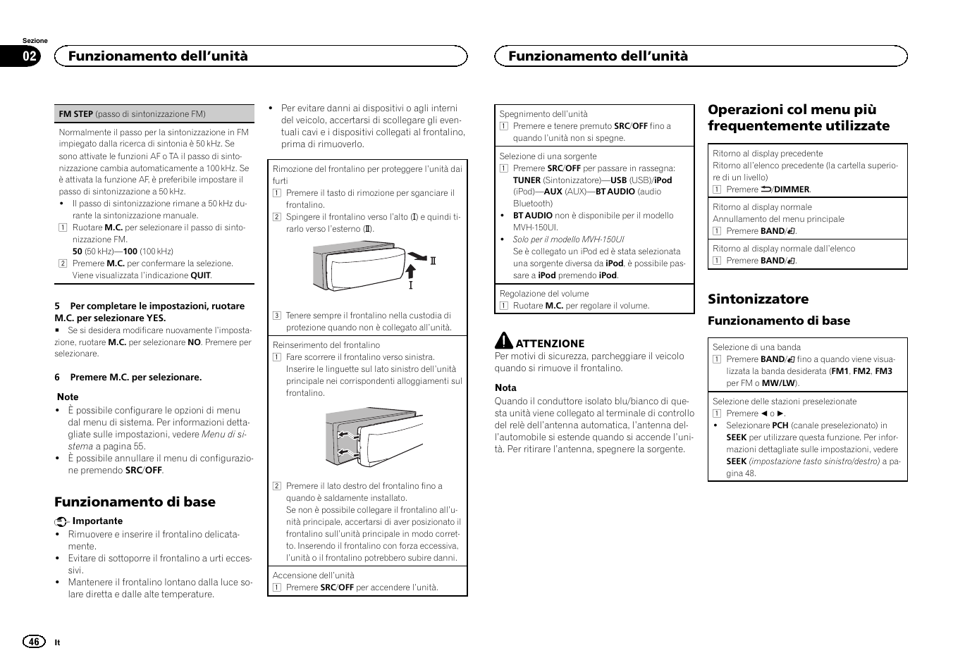 Funzionamento di base, Operazioni col menu più frequentemente utilizzate, Sintonizzatore | Funzionamento dell ’unità | Pioneer MVH-350BT User Manual | Page 46 / 156