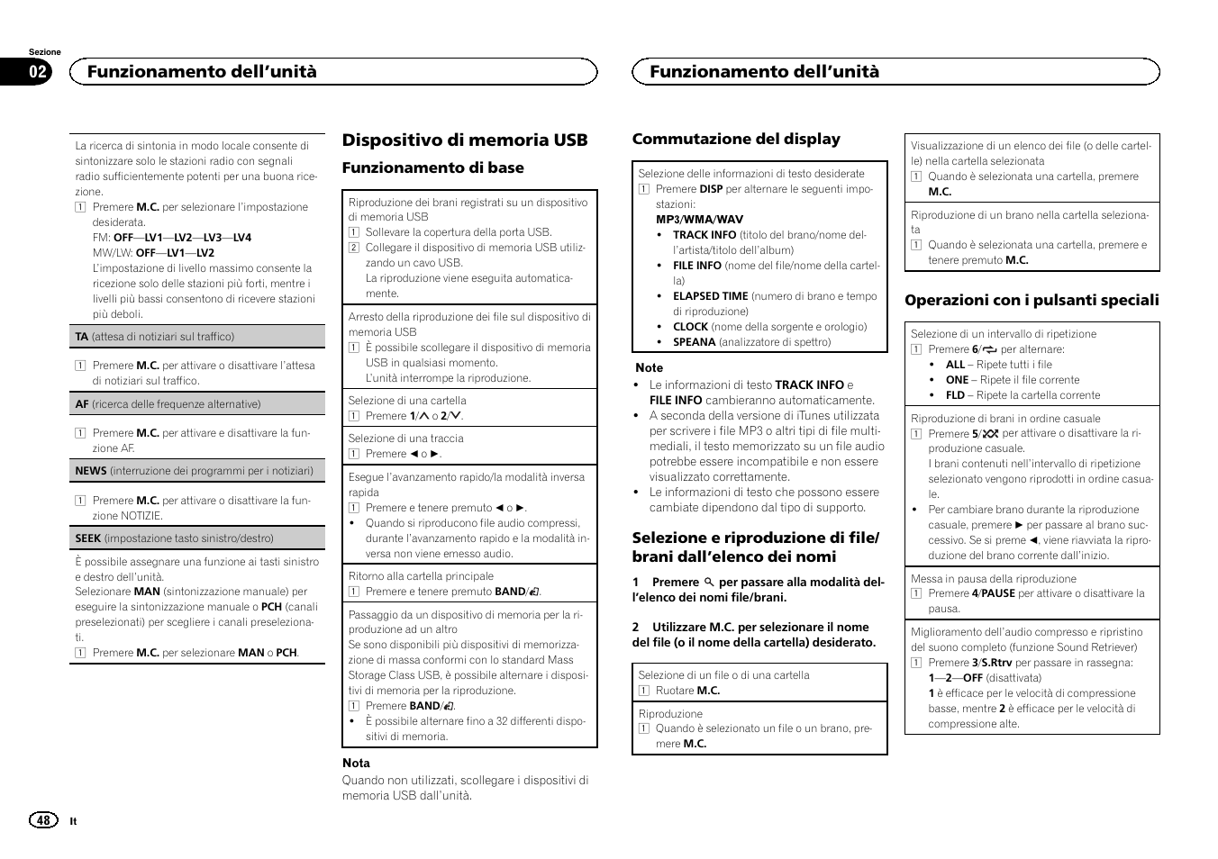 Seek (impostazione tasto sinistro/destro), Af (ricerca delle frequenze alternative), Funzionamento dell ’unità | Pioneer MVH-350BT User Manual | Page 48 / 156