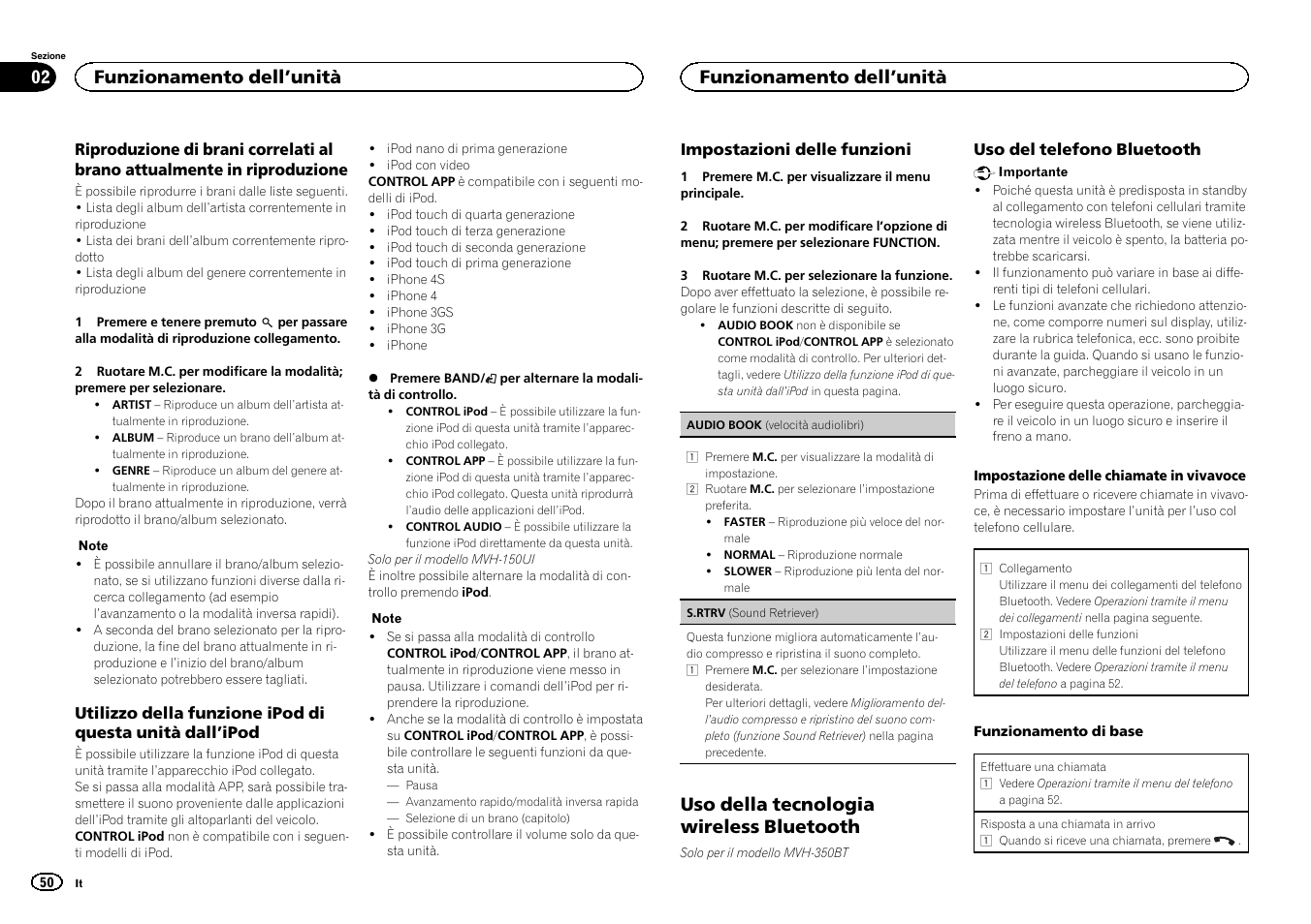 Uso della tecnologia wireless bluetooth, Funzionamento dell ’unità | Pioneer MVH-350BT User Manual | Page 50 / 156