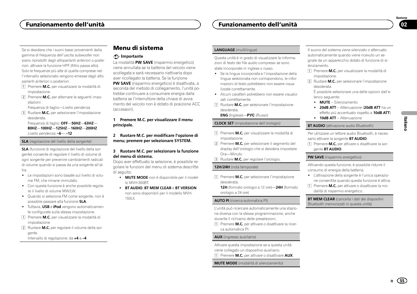 Pw save (risparmio, Menu di sistema, Funzionamento dell ’unità | Pioneer MVH-350BT User Manual | Page 55 / 156