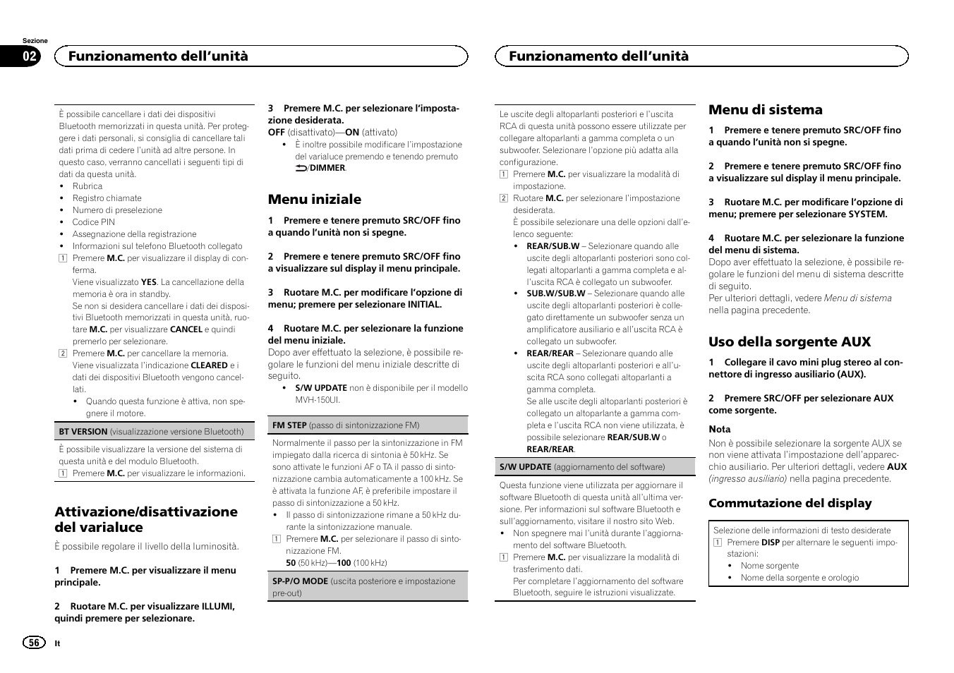 Sp-p/o mode, Attivazione/disattivazione del varialuce, Menu iniziale | Menu di sistema, Uso della sorgente aux, Funzionamento dell ’unità | Pioneer MVH-350BT User Manual | Page 56 / 156