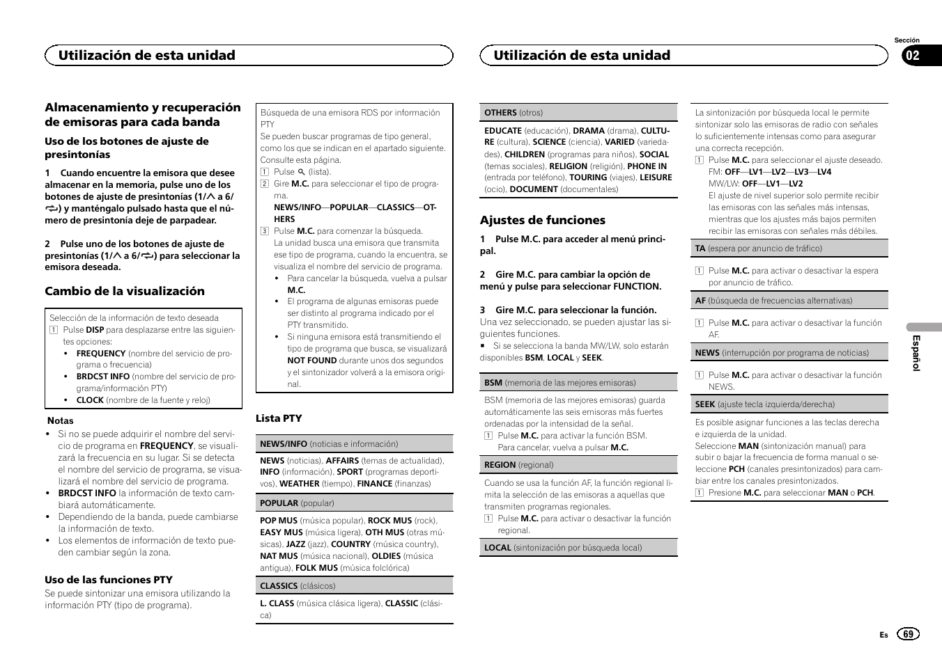 Seek (ajuste tecla izquierda/derecha) en, Af (búsqueda de, Utilización de esta unidad | Pioneer MVH-350BT User Manual | Page 69 / 156