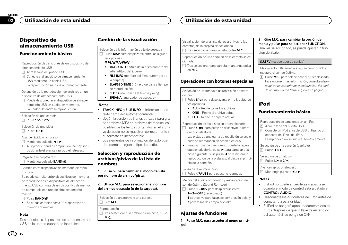 Dispositivo de almacenamiento usb, Ipod, Utilización de esta unidad | Pioneer MVH-350BT User Manual | Page 70 / 156