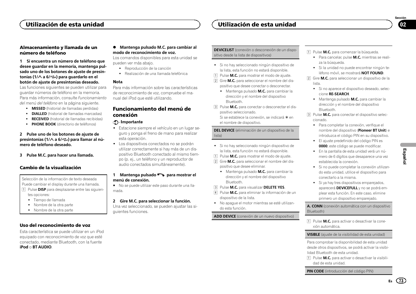 Utilización de esta unidad | Pioneer MVH-350BT User Manual | Page 73 / 156