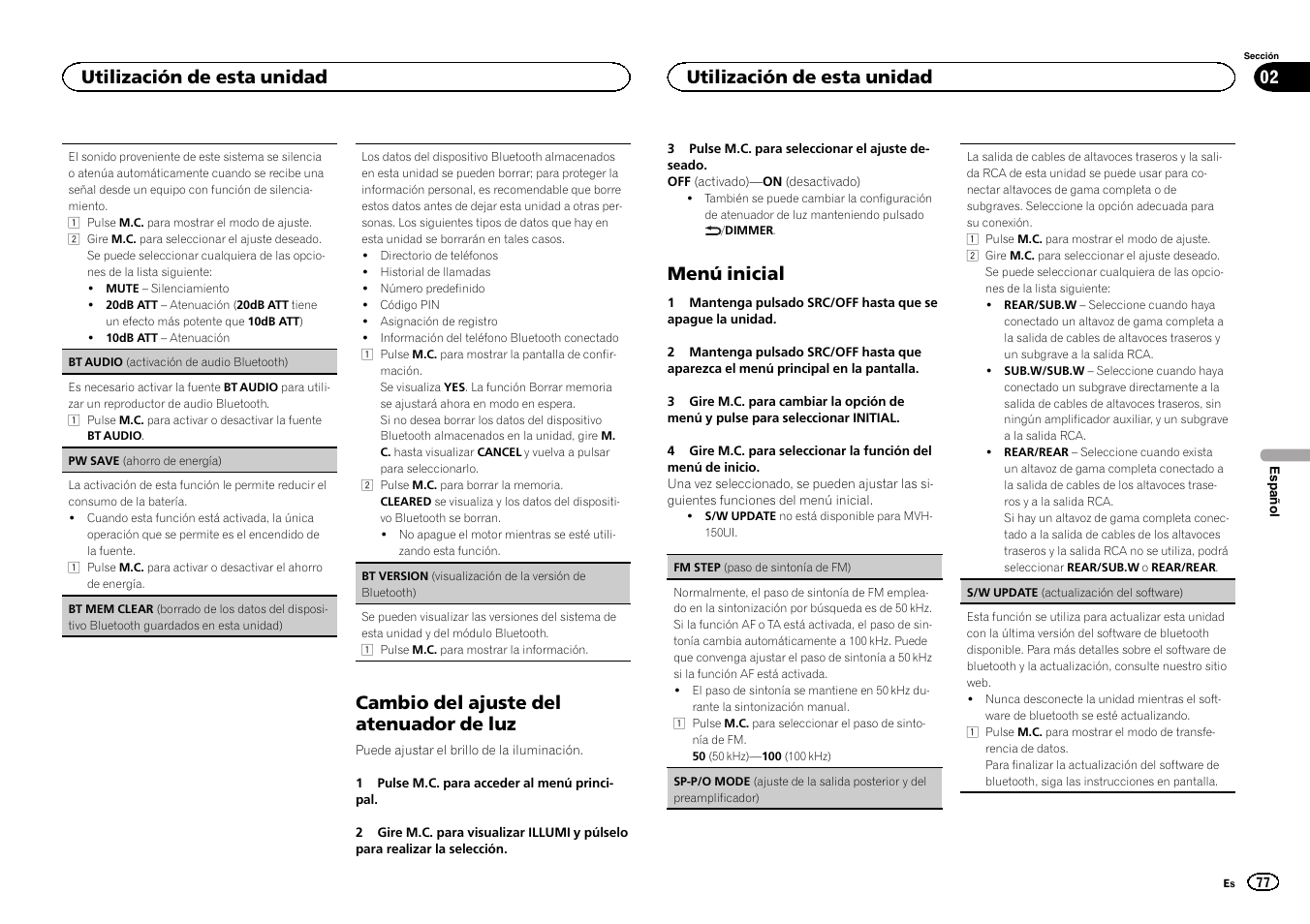Pw save (ahorro de ener, Sp-p/o mode, Sp-p/o mode (ajuste de | Cambio del ajuste del atenuador de luz, Menú inicial, Utilización de esta unidad | Pioneer MVH-350BT User Manual | Page 77 / 156