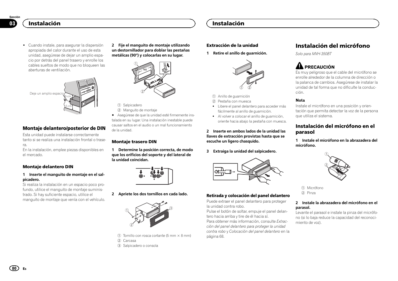 Instalación del micrófono, Instalación | Pioneer MVH-350BT User Manual | Page 80 / 156