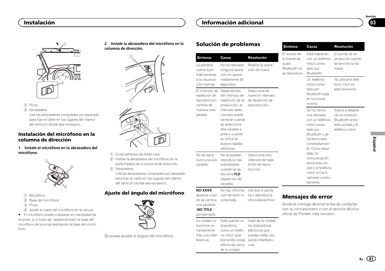 Solución de problemas, Mensajes de error, Instalación | Información adicional | Pioneer MVH-350BT User Manual | Page 81 / 156