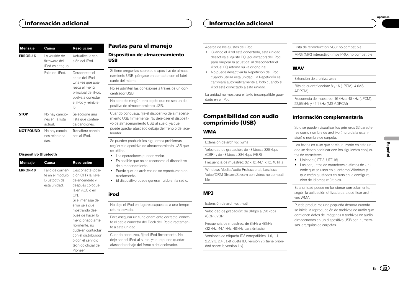 Pautas para el manejo, Compatibilidad con audio comprimido (usb), Información adicional | Pioneer MVH-350BT User Manual | Page 83 / 156