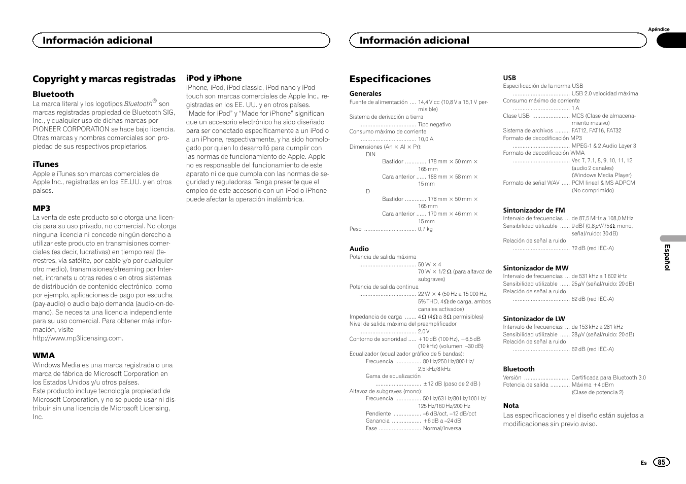 Copyright y marcas registradas, Especificaciones, Información adicional | Pioneer MVH-350BT User Manual | Page 85 / 156