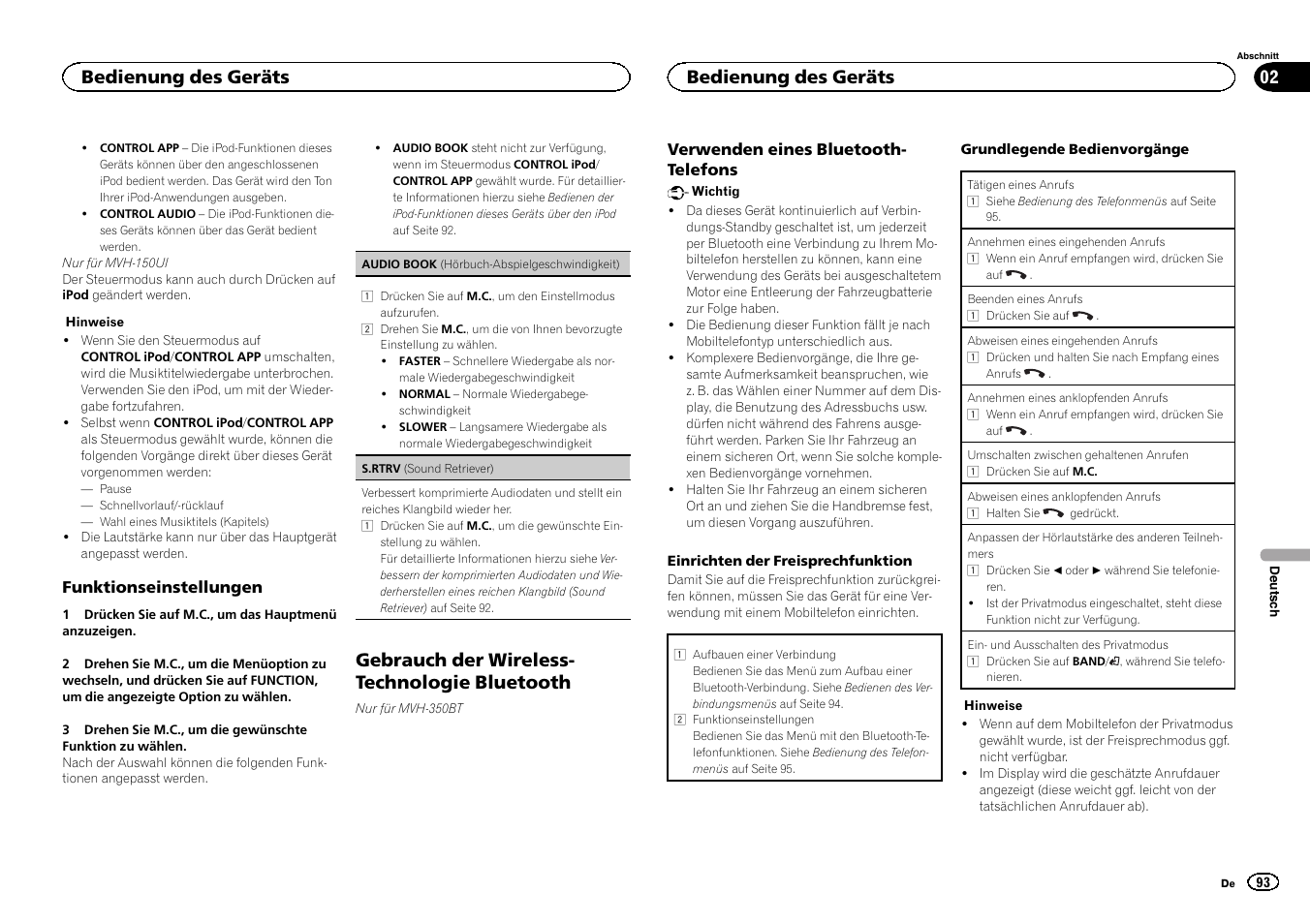 Gebrauch der wireless- technologie bluetooth, Bedienung des geräts | Pioneer MVH-350BT User Manual | Page 93 / 156