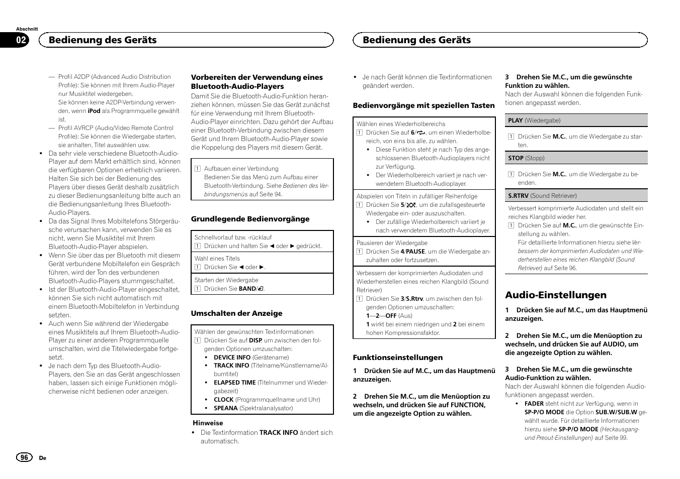 Audio-einstellungen, Bedienung des geräts | Pioneer MVH-350BT User Manual | Page 96 / 156