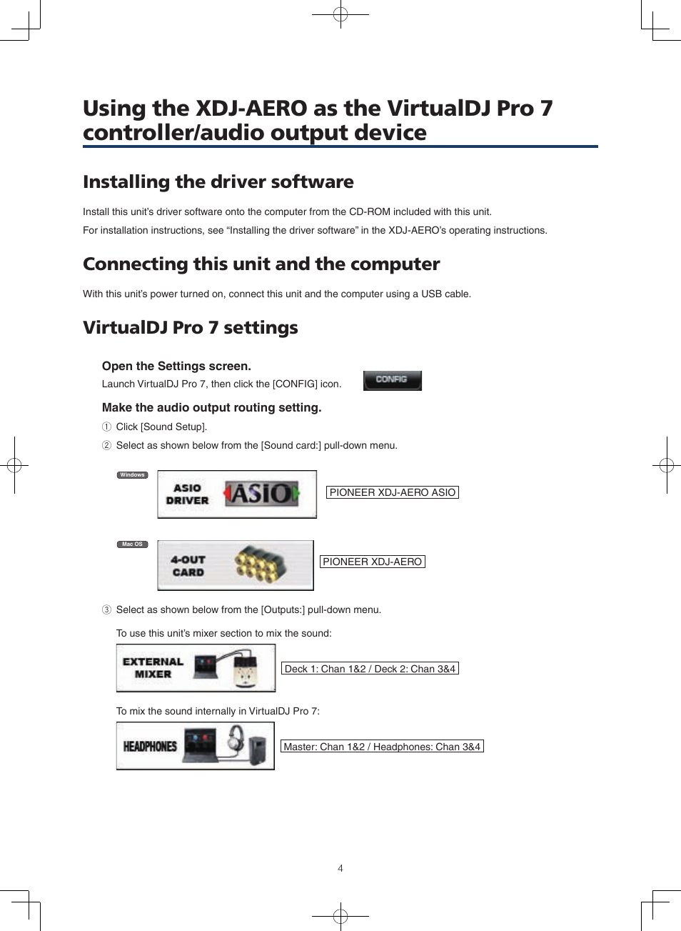 Installing the driver software, Connecting this unit and the computer, Virtualdj pro 7 settings | Pioneer XDJ-AERO User Manual | Page 4 / 7