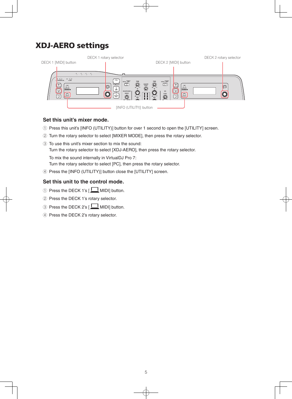 Xdj-aero settings, Set this unit’s mixer mode, Set this unit to the control mode | Pioneer XDJ-AERO User Manual | Page 5 / 7