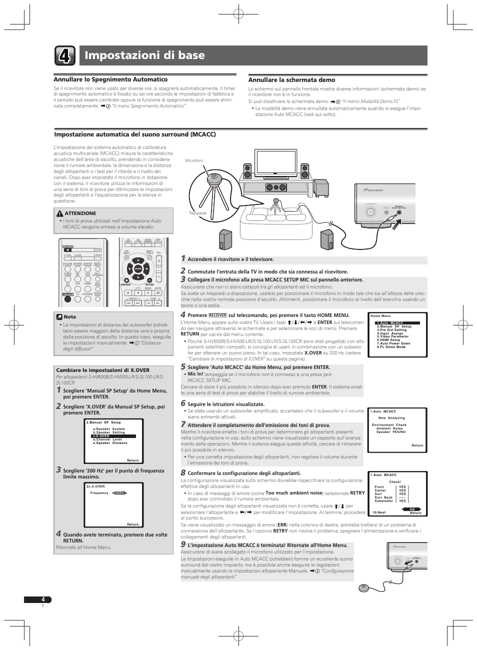 Impostazioni di base, Portable / mcacc setup mic phones standby / on, Impostazione automatica del suono surround (mcacc) | Annullare lo spegnimento automatico, Annullare la schermata demo | Pioneer VSX-S500 User Manual | Page 16 / 32