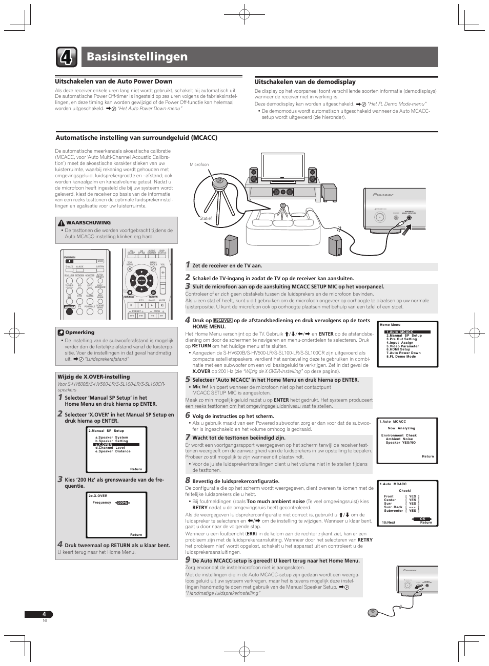 Basisinstellingen, Portable / mcacc setup mic phones standby / on, Automatische instelling van surroundgeluid (mcacc) | Uitschakelen van de auto power down, Uitschakelen van de demodisplay | Pioneer VSX-S500 User Manual | Page 20 / 32