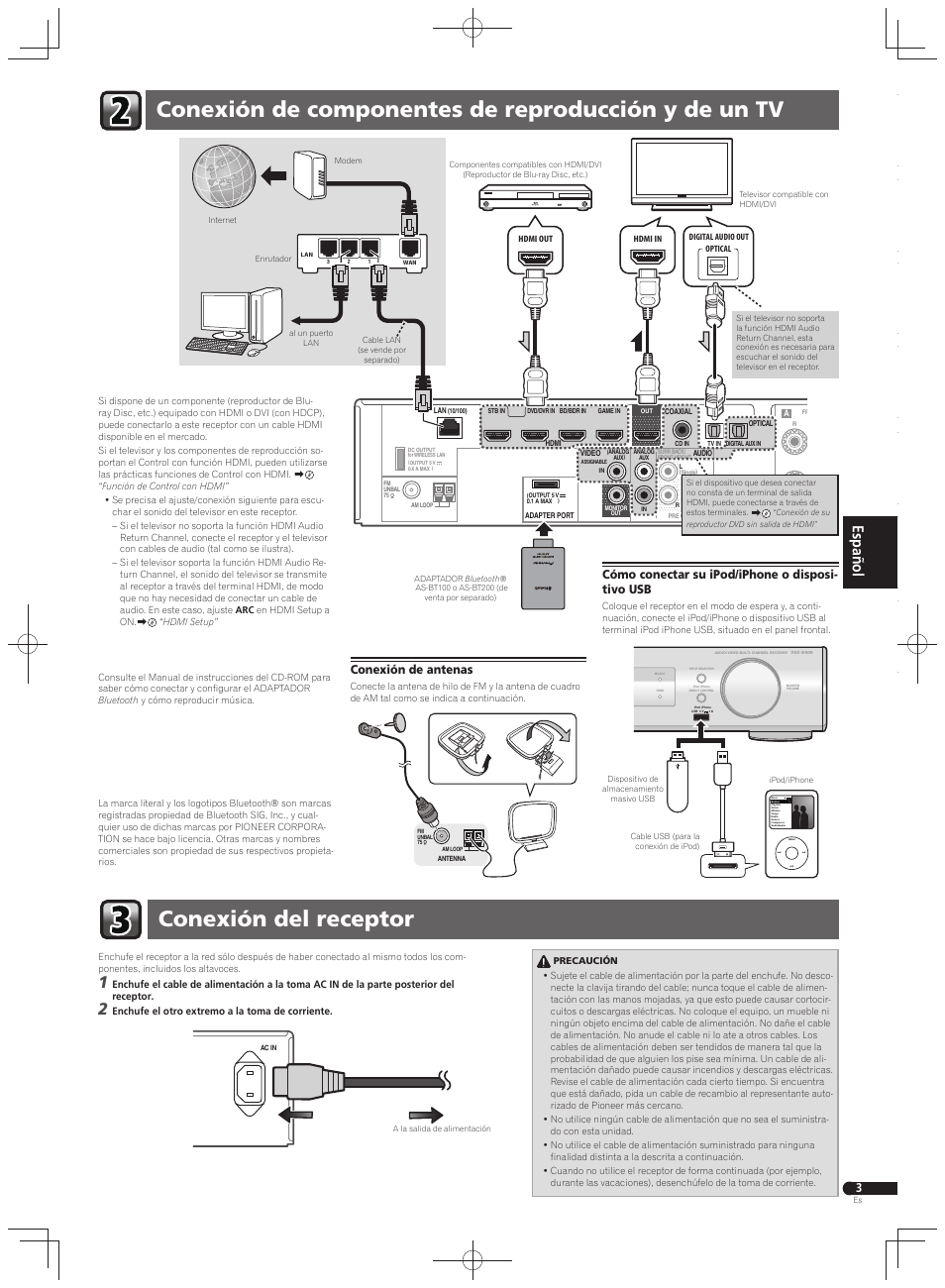 Cómo conectar su ipod/iphone o disposi- tivo usb, Conexión de antenas | Pioneer VSX-S500 User Manual | Page 23 / 32