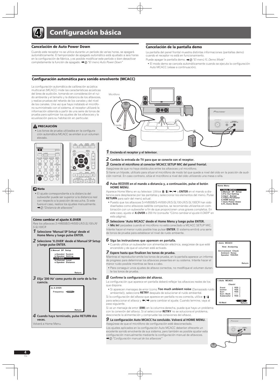 Confi guración básica, Portable / mcacc setup mic phones standby / on, Cancelación de auto power down | Cancelación de la pantalla demo | Pioneer VSX-S500 User Manual | Page 24 / 32