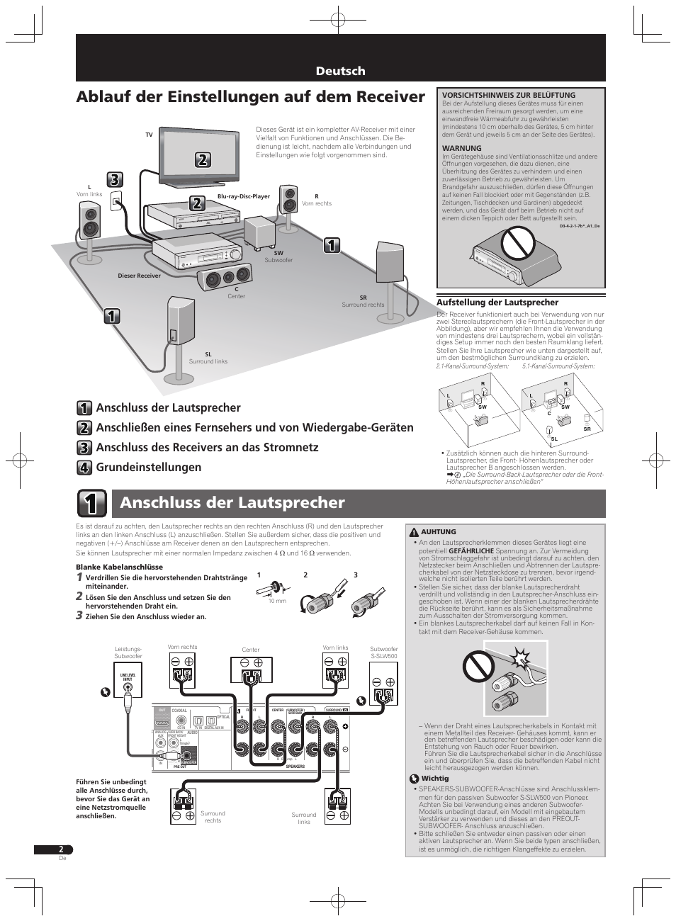Kurzanleitung, Audio-/video- mehrkanal-receiver, Anschluss der lautsprecher | Ablauf der einstellungen auf dem receiver, Deutsch, Aufstellung der lautsprecher | Pioneer VSX-S500 User Manual | Page 26 / 32