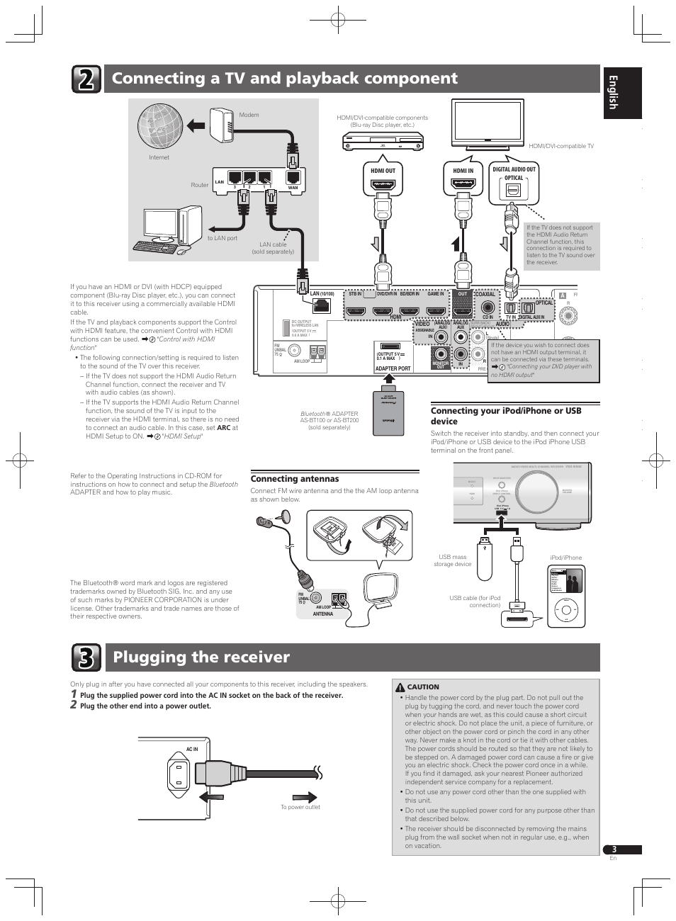 Connecting your ipod/iphone or usb device, Connecting antennas | Pioneer VSX-S500 User Manual | Page 3 / 32