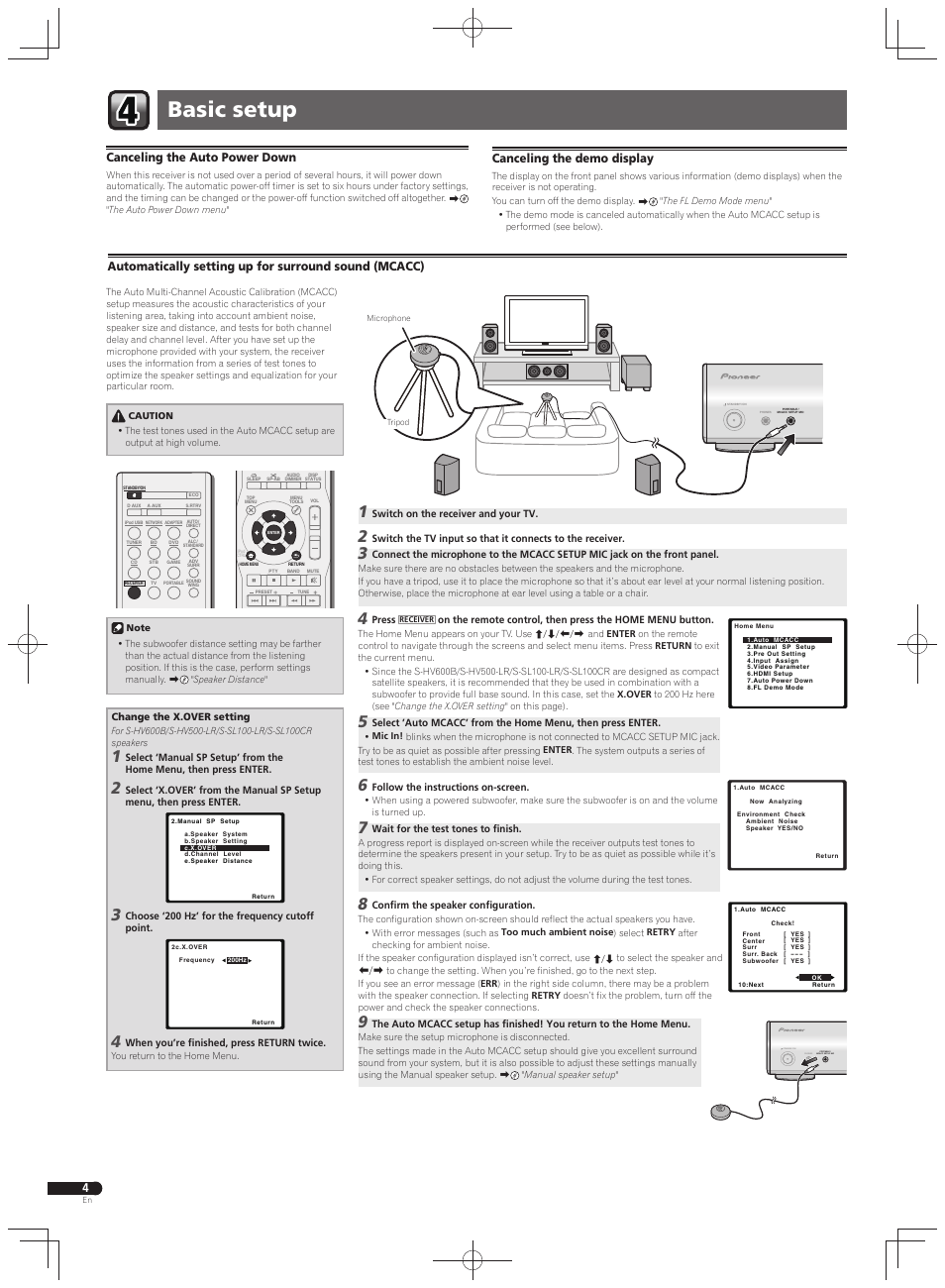 Basic setup, Portable / mcacc setup mic phones standby / on, Canceling the auto power down | Canceling the demo display | Pioneer VSX-S500 User Manual | Page 4 / 32