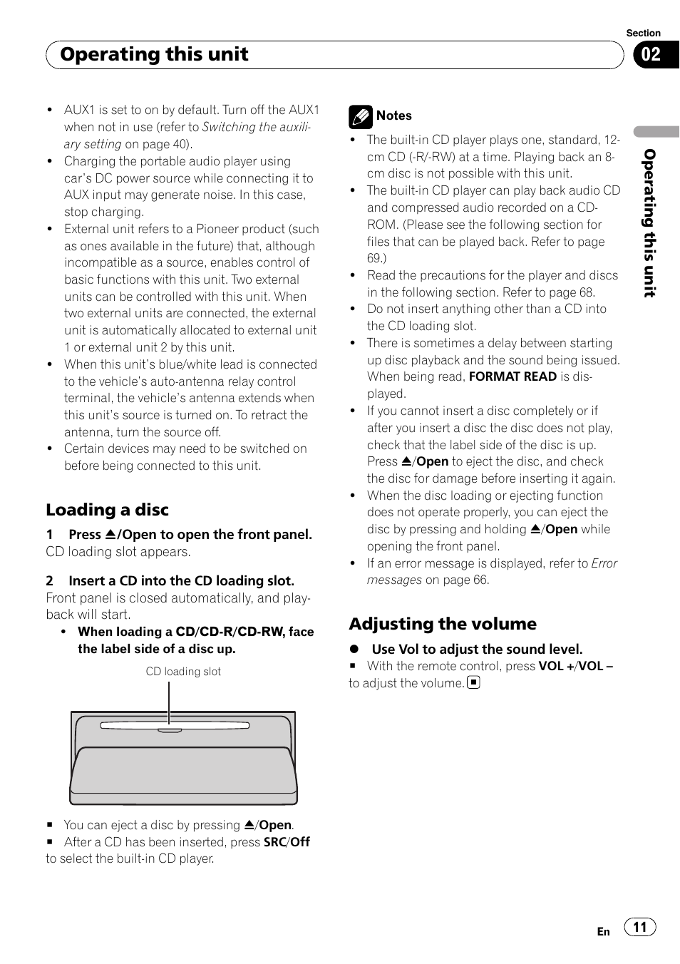 Loading a disc 11, Adjusting the volume 11, Operating this unit | Loading a disc, Adjusting the volume | Pioneer DEX-P99RS User Manual | Page 11 / 75