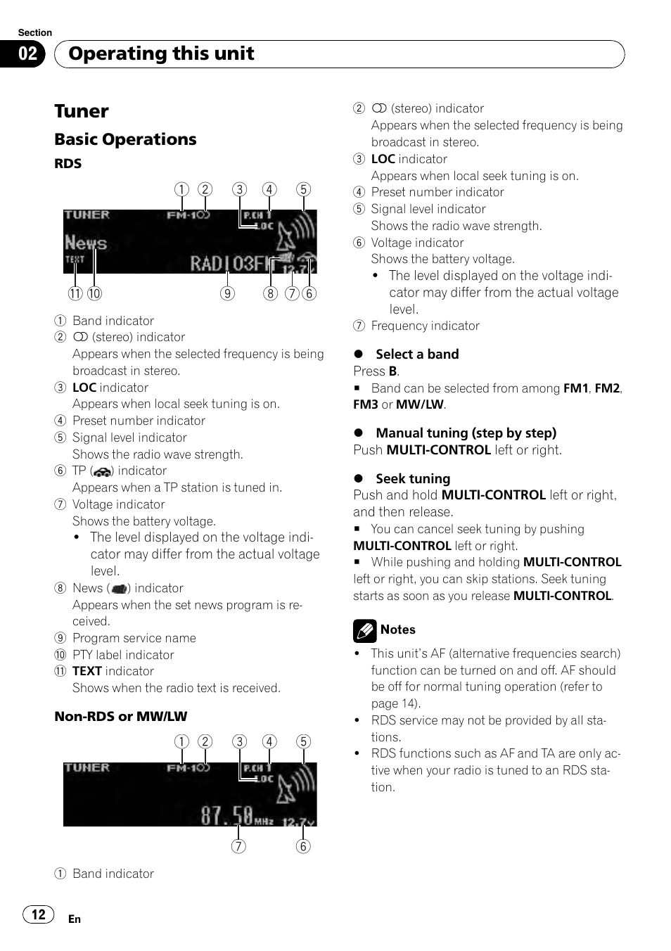 Tuner, Basic operations 12, Operating this unit | Basic operations | Pioneer DEX-P99RS User Manual | Page 12 / 75