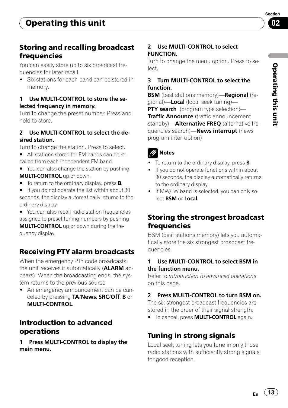 Storing and recalling broadcast, Frequencies, Receiving pty alarm broadcasts 13 | Introduction to advanced, Operations, Storing the strongest broadcast, Tuning in strong signals 13, Operating this unit, Storing and recalling broadcast frequencies, Receiving pty alarm broadcasts | Pioneer DEX-P99RS User Manual | Page 13 / 75