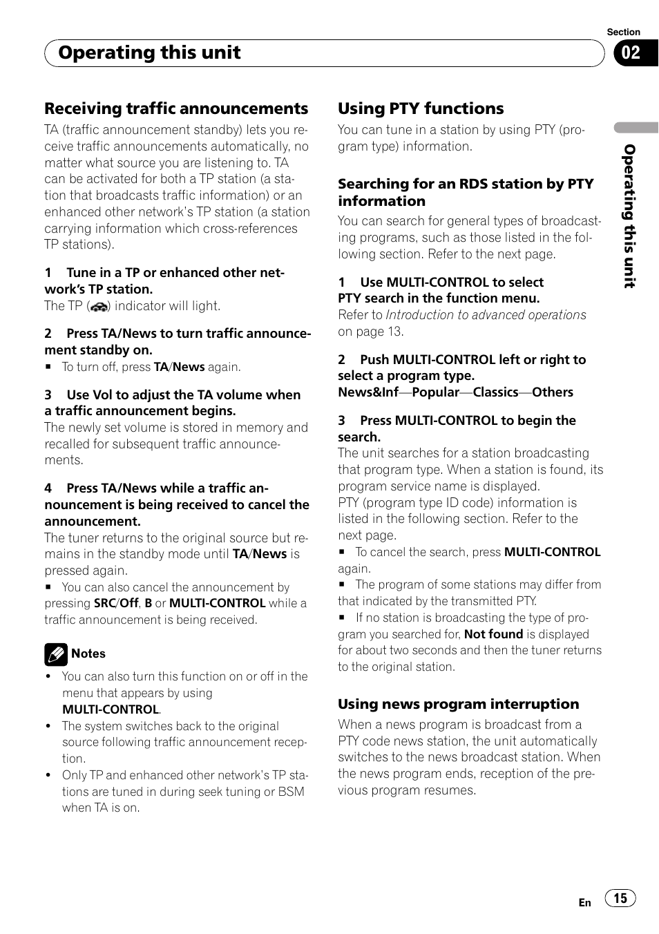 Receiving traffic announcements 15, Using pty functions 15, Operating this unit | Receiving traffic announcements, Using pty functions | Pioneer DEX-P99RS User Manual | Page 15 / 75