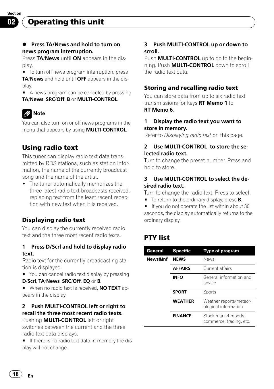 Using radio text 16, Pty list 16, Operating this unit | Using radio text, Pty list | Pioneer DEX-P99RS User Manual | Page 16 / 75
