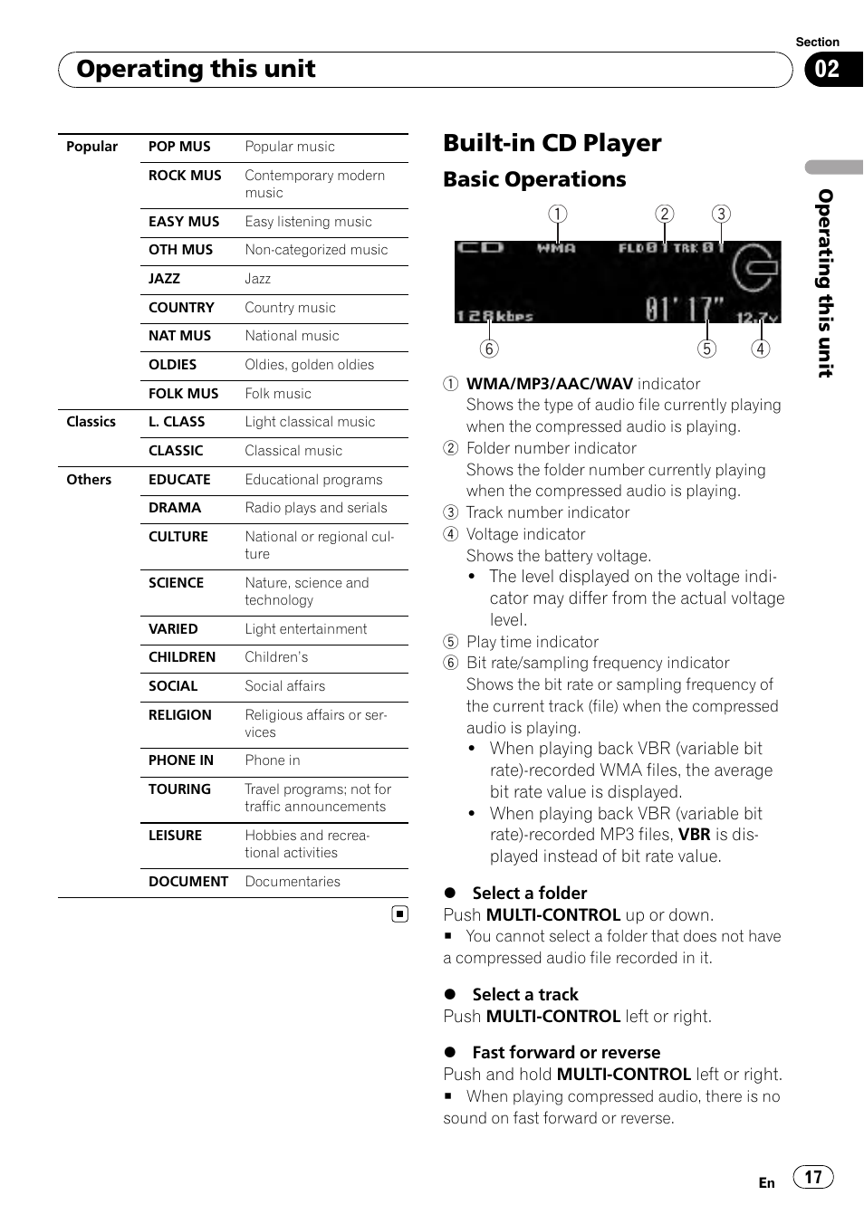 Built-in cd player, Basic operations 17, Operating this unit | Basic operations | Pioneer DEX-P99RS User Manual | Page 17 / 75