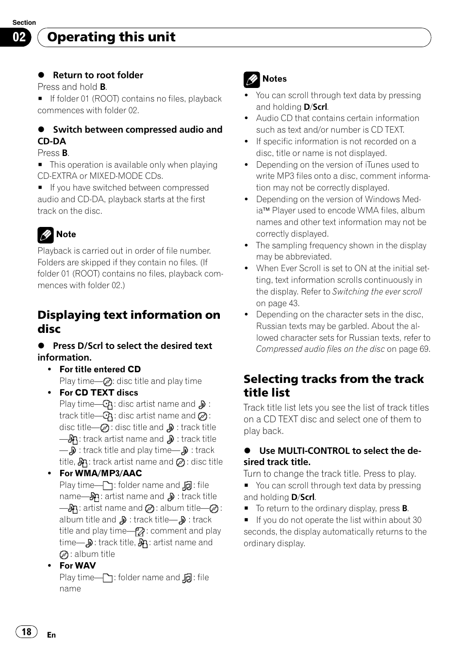 Displaying text information on disc 18, Selecting tracks from the track title, List | Operating this unit, Displaying text information on disc, Selecting tracks from the track title list | Pioneer DEX-P99RS User Manual | Page 18 / 75