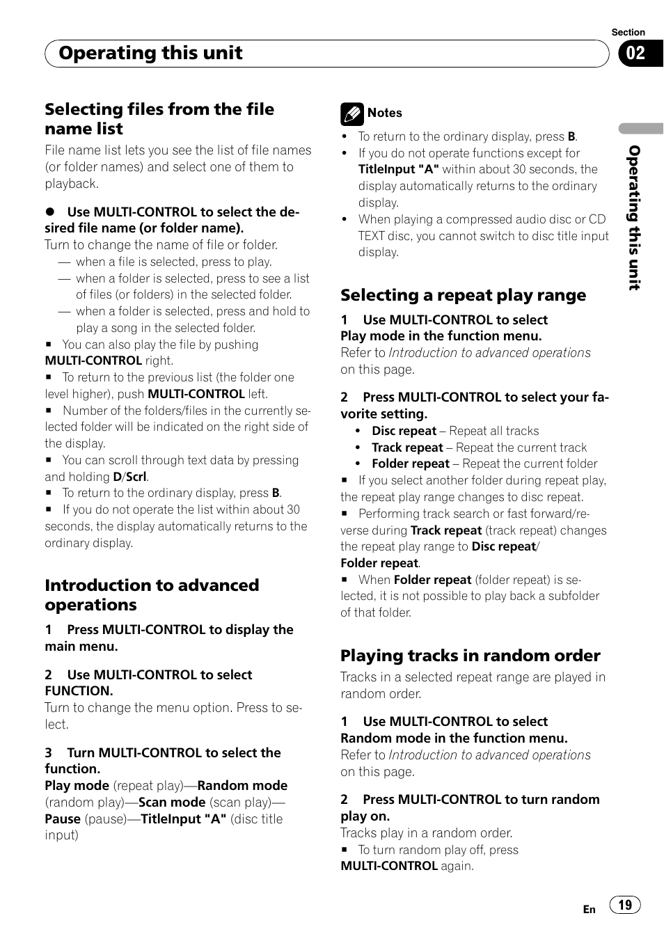 Selecting files from the file name, List, Introduction to advanced | Operations, Selecting a repeat play range 19, Playing tracks in random order 19, Operating this unit, Selecting files from the file name list, Introduction to advanced operations, Selecting a repeat play range | Pioneer DEX-P99RS User Manual | Page 19 / 75