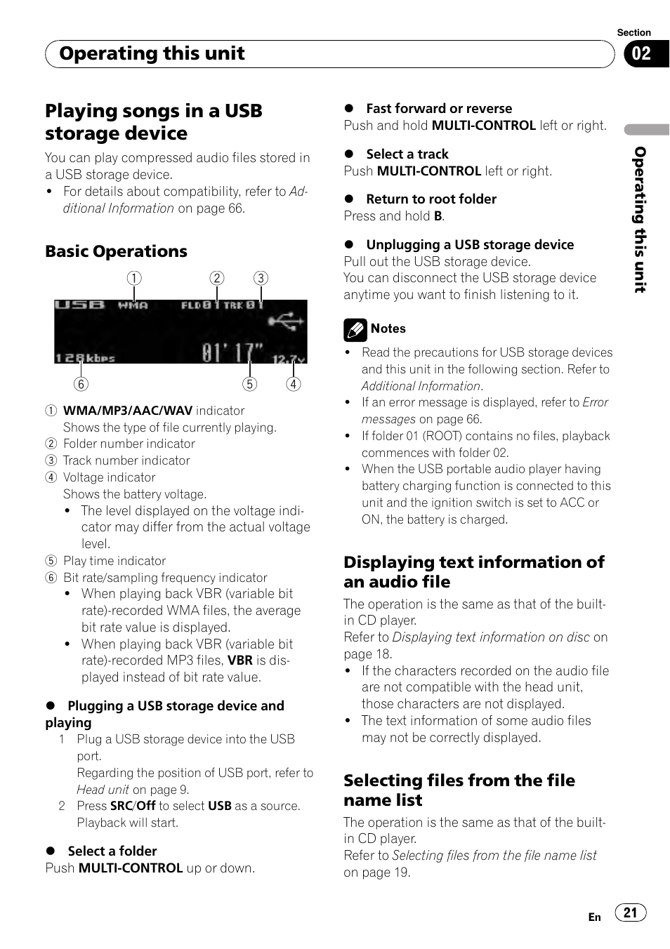 Playing songs in a usb storage device, Basic operations 21, Displaying text information of an audio | File, Selecting files from the file name, List, Operating this unit, Basic operations, Displaying text information of an audio file, Selecting files from the file name list | Pioneer DEX-P99RS User Manual | Page 21 / 75