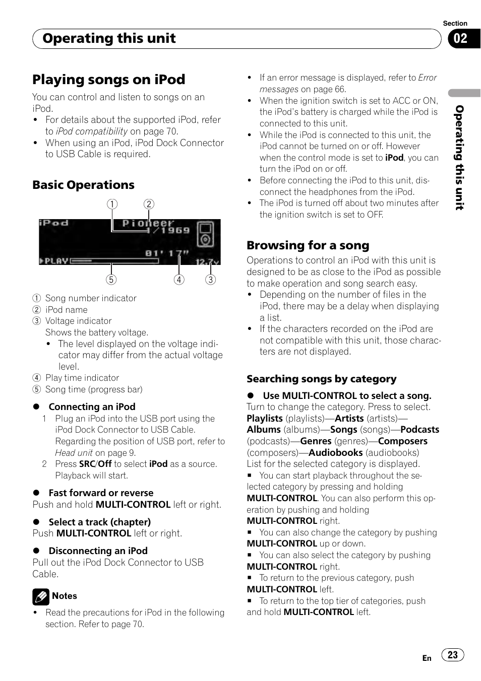 Playing songs on ipod, Basic operations 23, Browsing for a song 23 | Operating this unit, Basic operations, Browsing for a song | Pioneer DEX-P99RS User Manual | Page 23 / 75