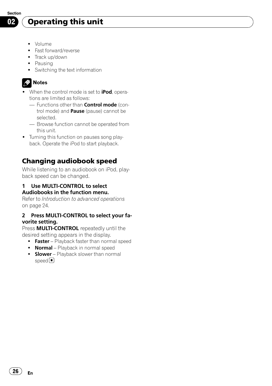 Changing audiobook speed 26, Operating this unit, Changing audiobook speed | Pioneer DEX-P99RS User Manual | Page 26 / 75