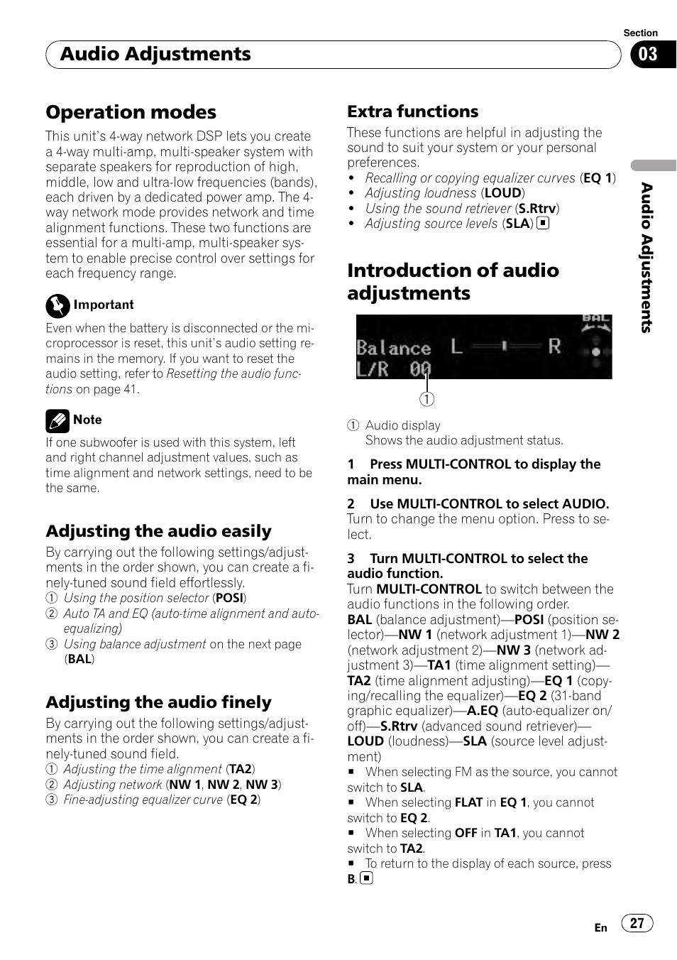 Audio adjustments operation modes, Adjusting the audio easily 27, Adjusting the audio finely 27 | Extra functions 27, Introduction of audio adjustments, Operation modes, Audio adjustments, Adjusting the audio easily, Adjusting the audio finely, Extra functions | Pioneer DEX-P99RS User Manual | Page 27 / 75