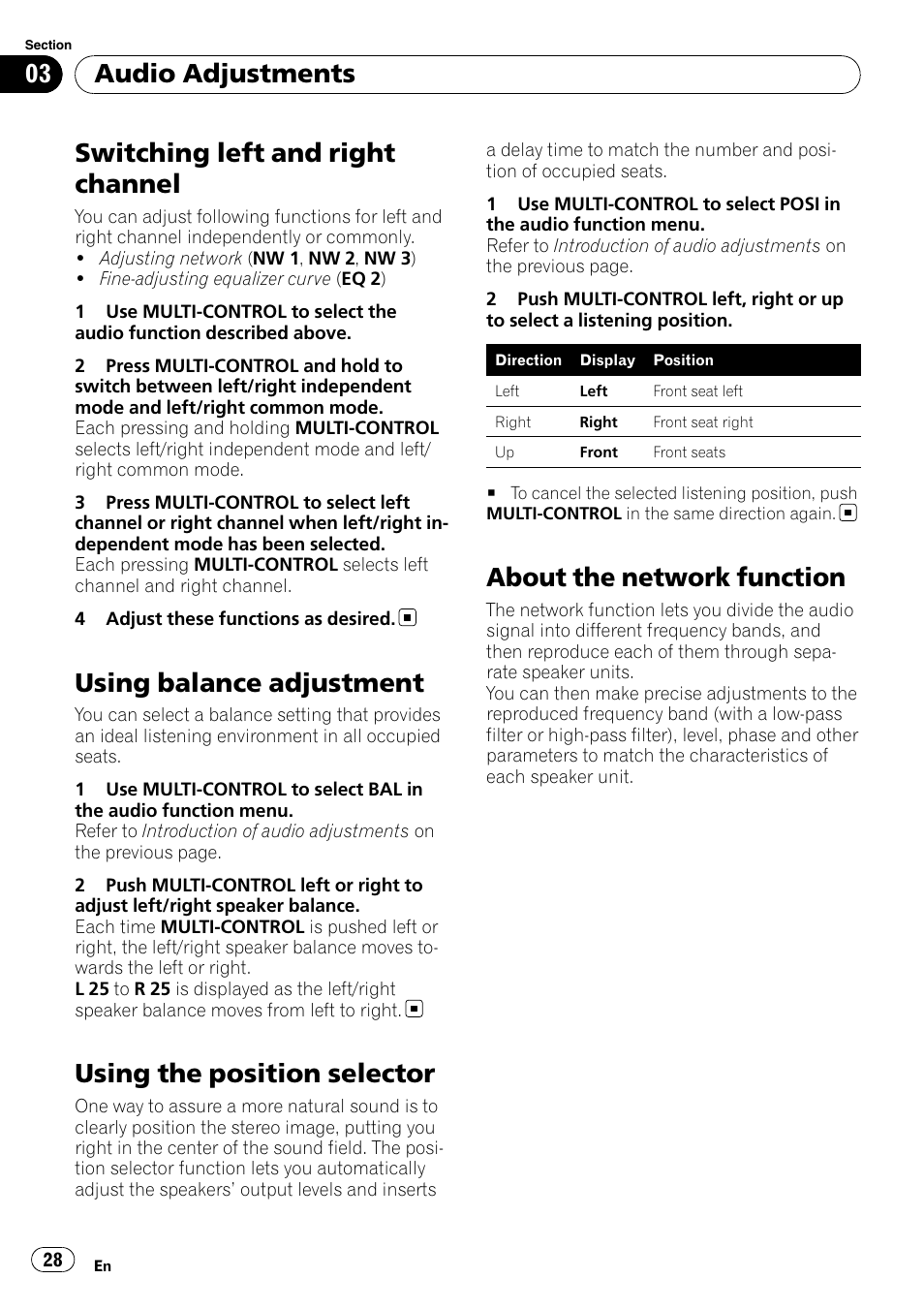 Switching left and right channel, Using balance adjustment, Using the position selector | About the network function, Audio adjustments | Pioneer DEX-P99RS User Manual | Page 28 / 75