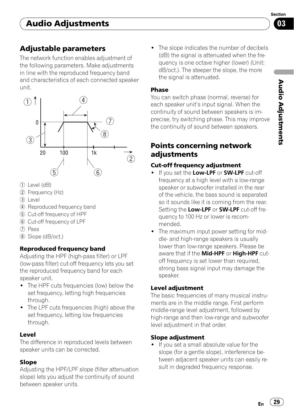 Adjustable parameters 29, Points concerning network, Adjustments | Audio adjustments | Pioneer DEX-P99RS User Manual | Page 29 / 75