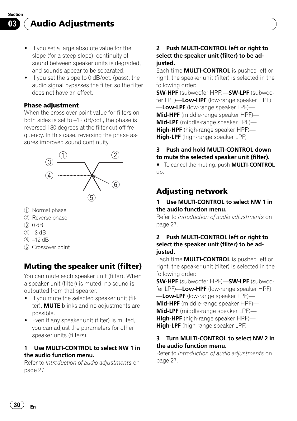 Muting the speaker unit (filter) 30, Adjusting network 30, Adjusting network | Audio adjustments | Pioneer DEX-P99RS User Manual | Page 30 / 75