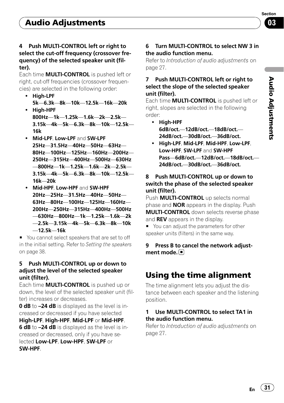 Using the time alignment, Audio adjustments | Pioneer DEX-P99RS User Manual | Page 31 / 75